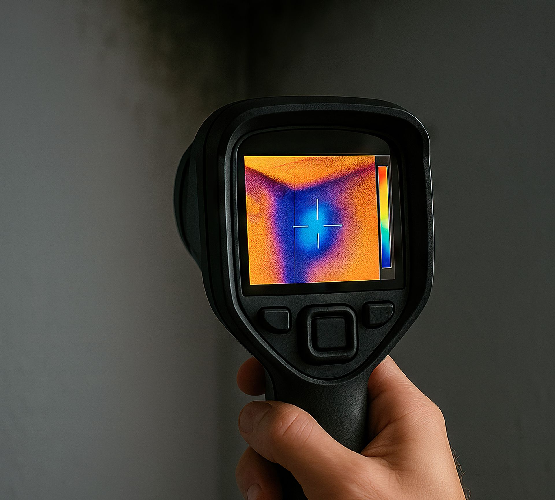 Une main tenant une caméra thermique pointée vers un coin de mur présentant des moisissures sombres ; l’écran affiche des variations de température.