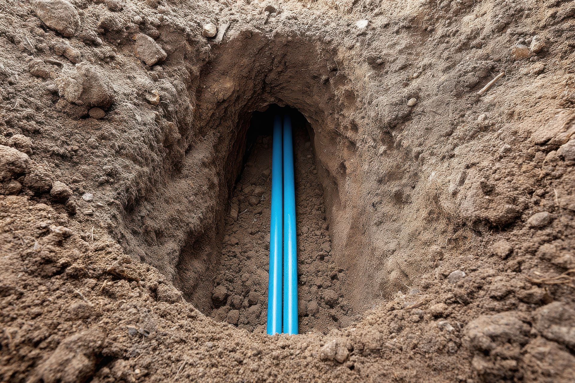 Un trou creusé dans le sol a révélé deux tuyaux bleus.