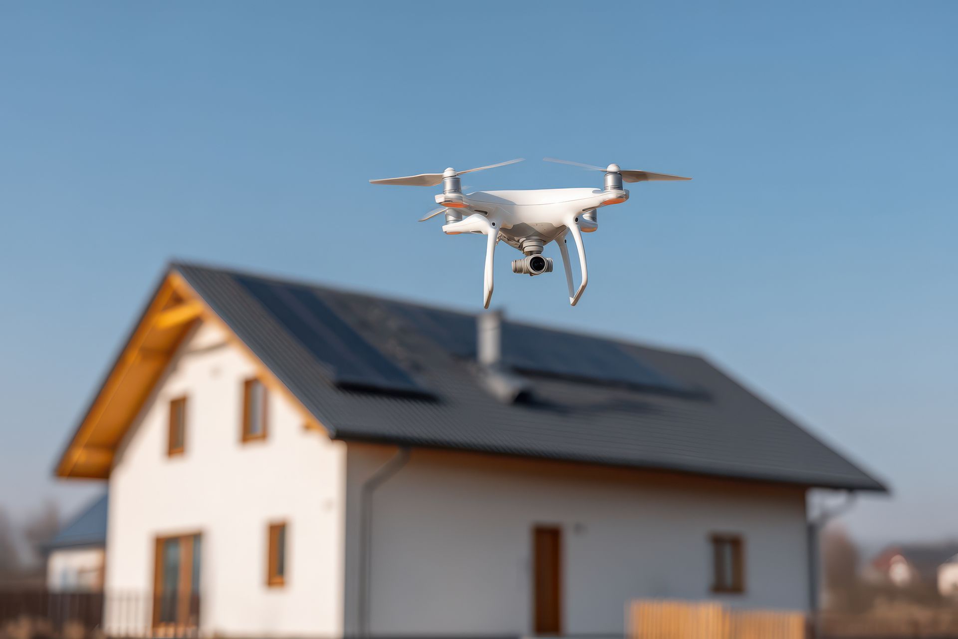 Un drone blanc survole une maison dont le toit est équipé de panneaux solaires.