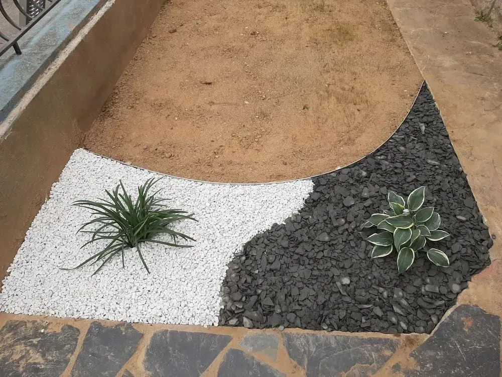 Parterre de jardin avec gravier blanc et noir, plantes et chemin de pierre.