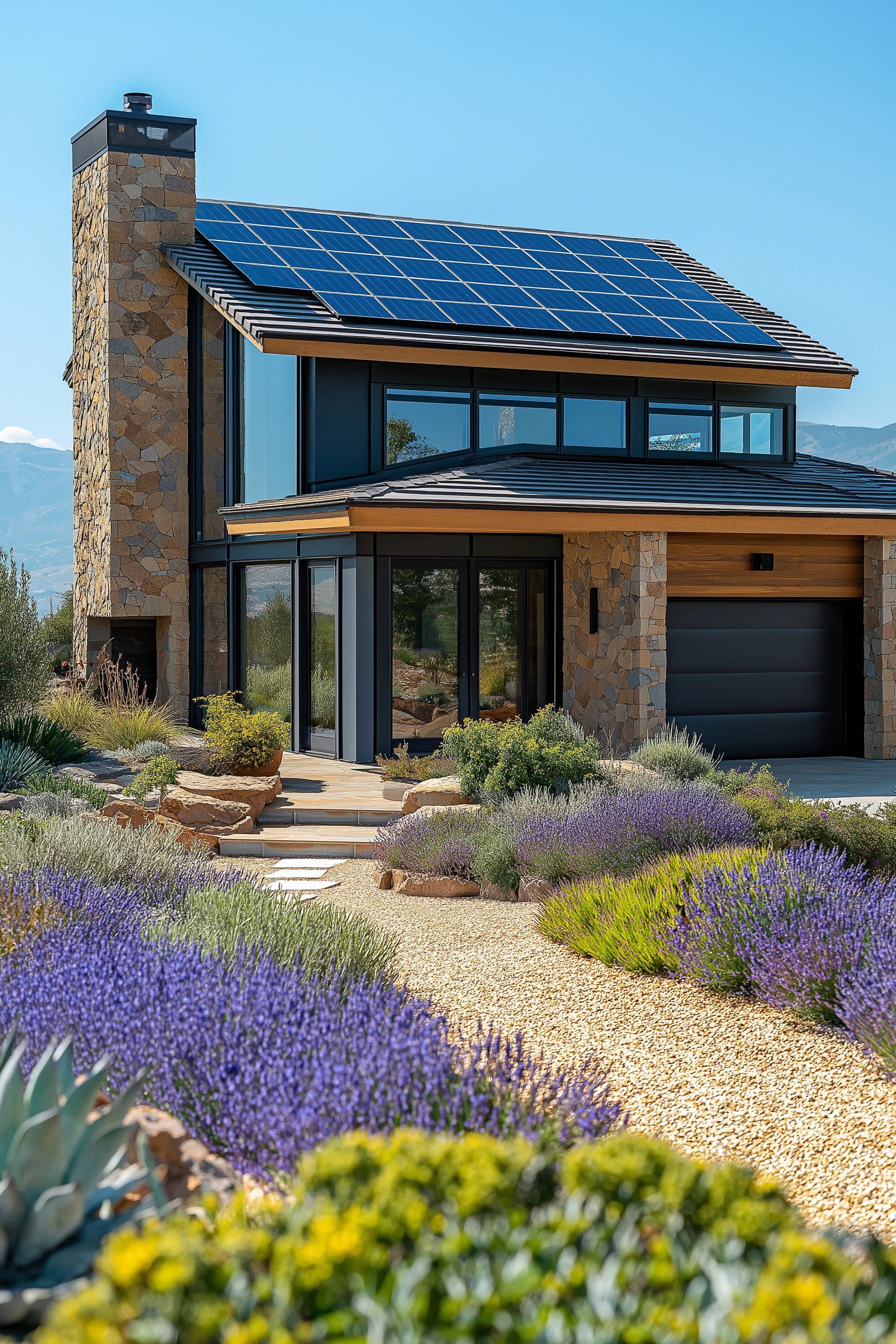 Maison moderne avec panneaux solaires, revêtement de pierre et aménagement paysager de lavande vibrante.