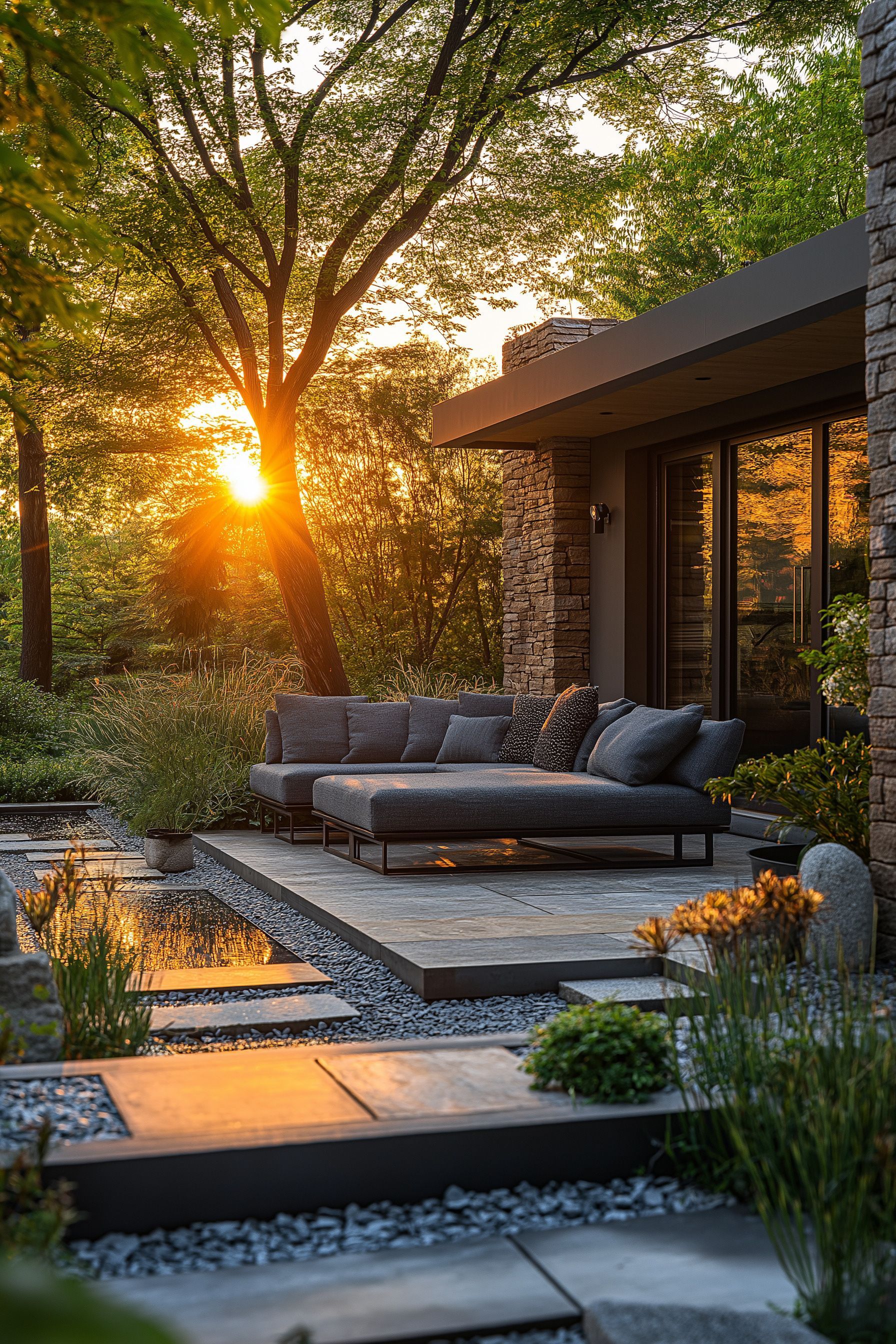 Espace salon extérieur au coucher du soleil : canapé gris, terrasse en pierre, pièce d'eau, lumière dorée.