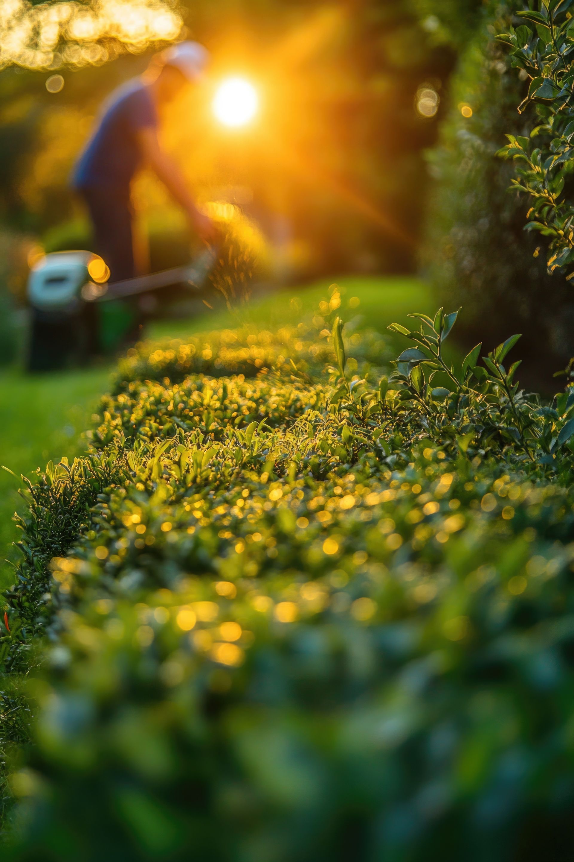 Homme taillant une haie au soleil. Feuillage vert, éclat doré.