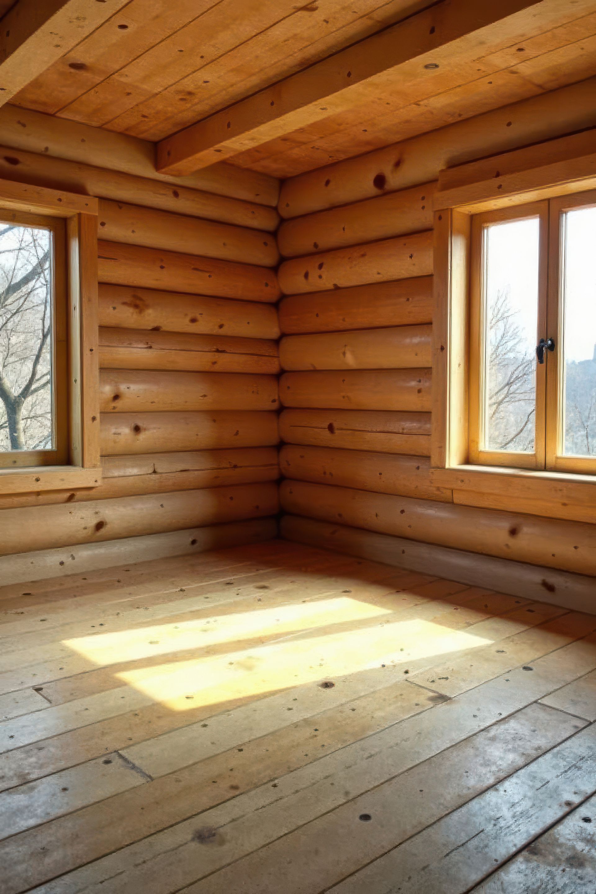 Intérieur d'une cabane en rondins vide avec la lumière du soleil traversant deux fenêtres, des murs et un sol en bois.