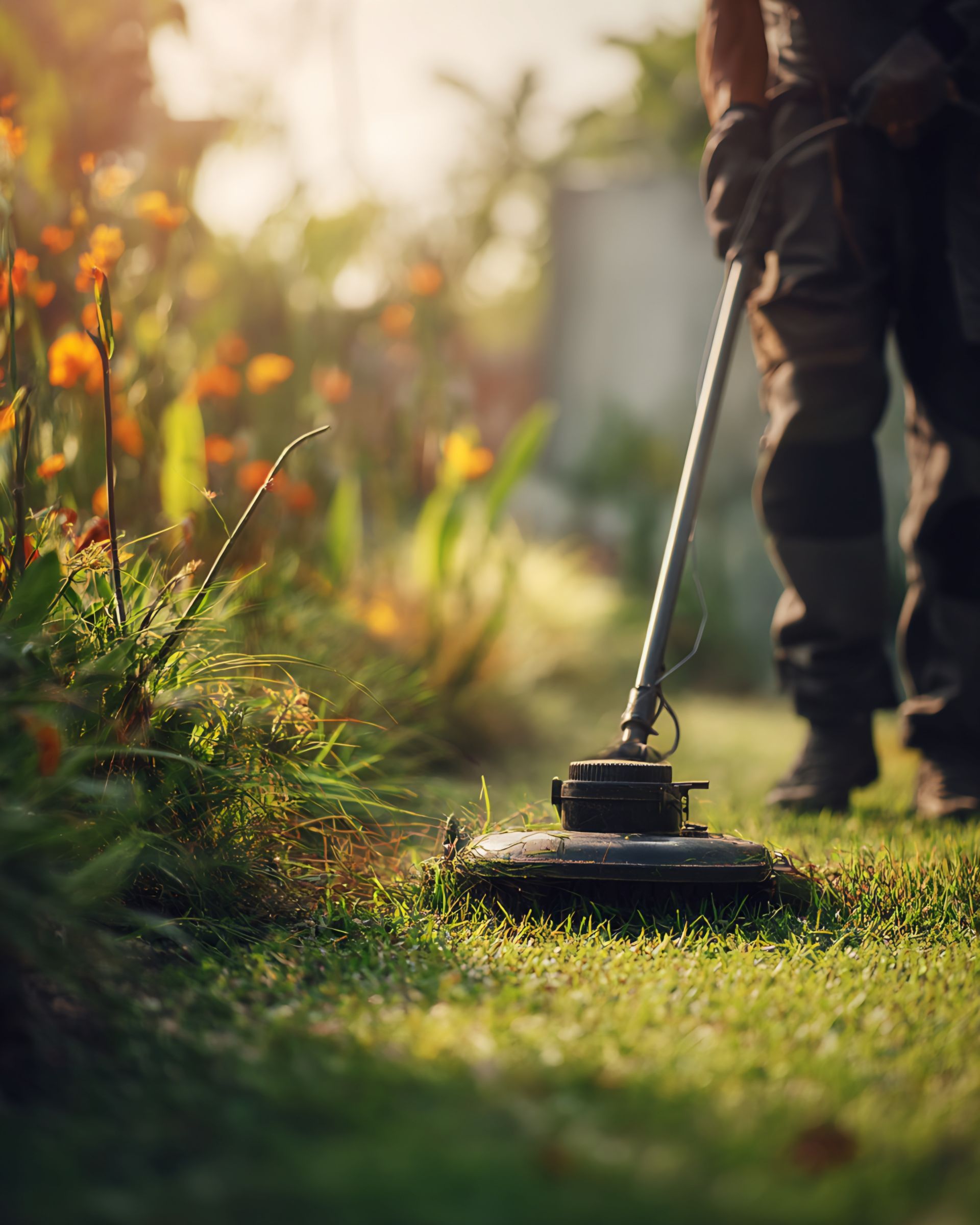 Une personne coupe l'herbe avec un coupe-bordures à côté d'un jardin de fleurs par une journée ensoleillée.