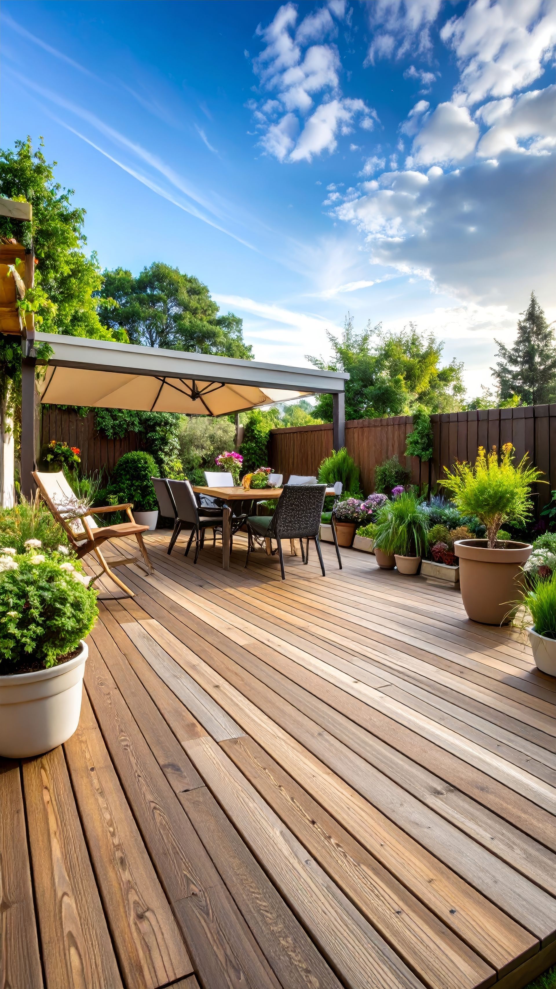 Terrasse en bois avec table et chaises, entourée de plantes en pot sous un ciel bleu ensoleillé.