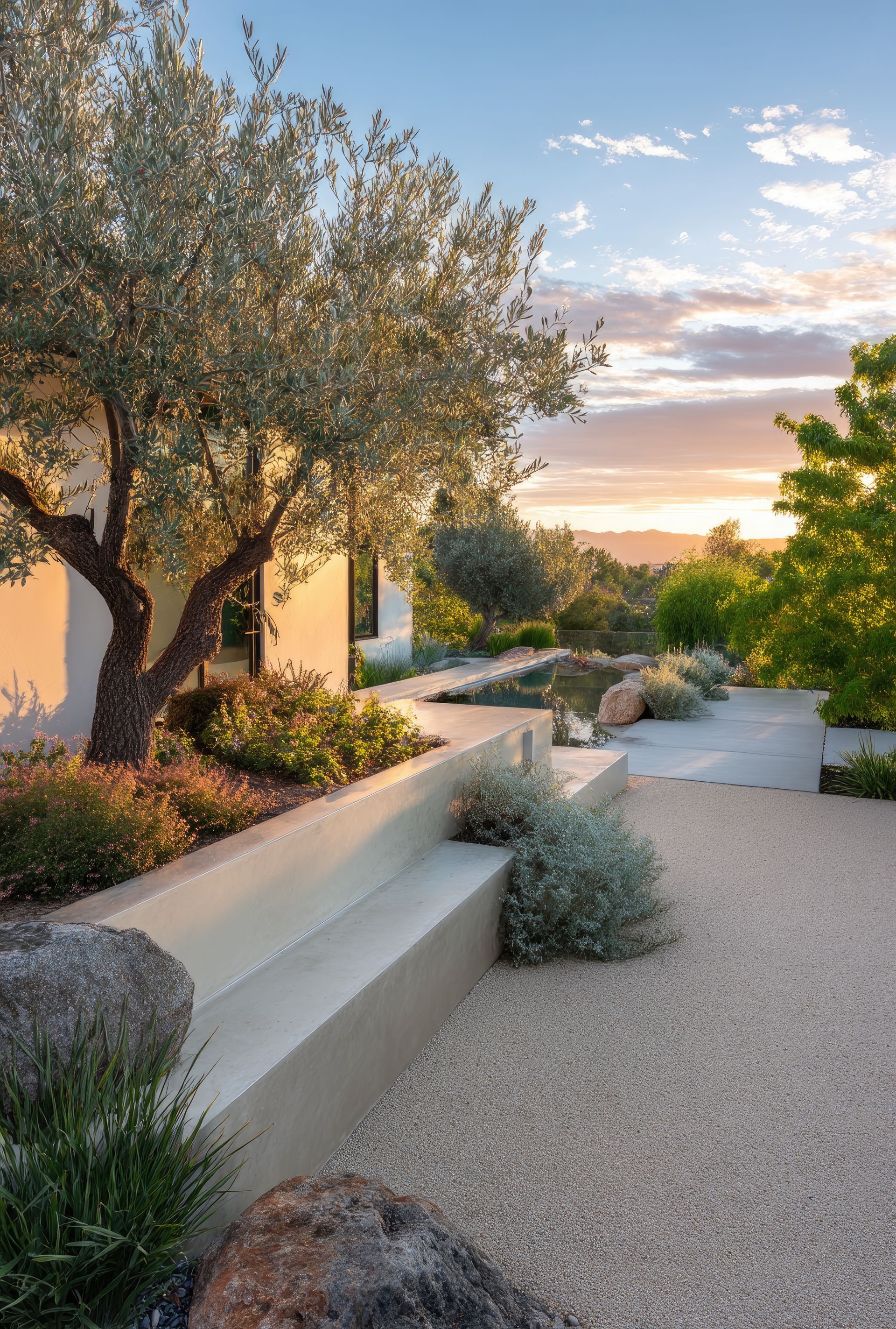 Un jardin paysager avec un olivier, des marches en béton et un chemin de gravier au coucher du soleil.