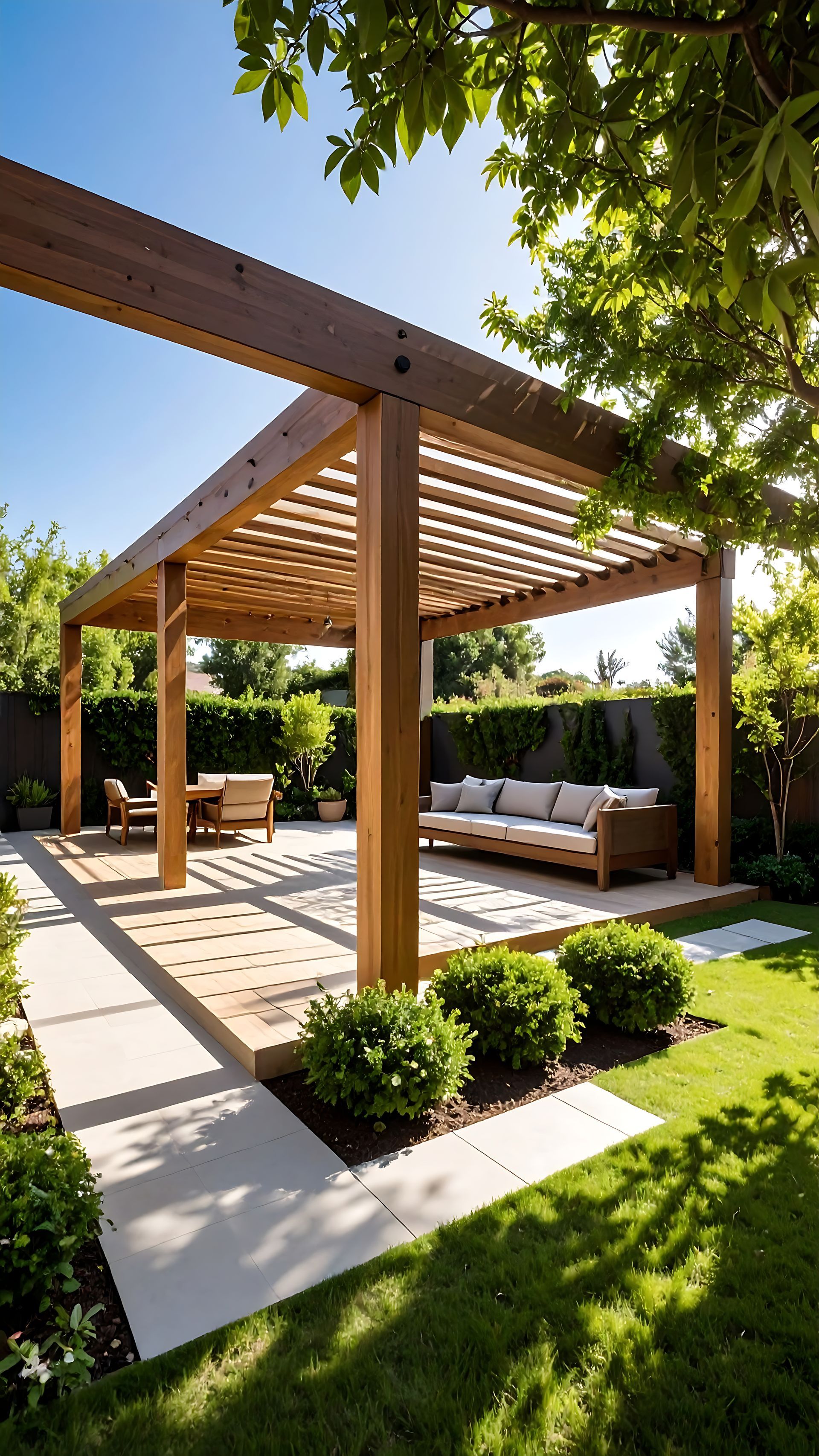 Pergola en bois sur un patio avec sièges ; une végétation luxuriante entoure l'espace.