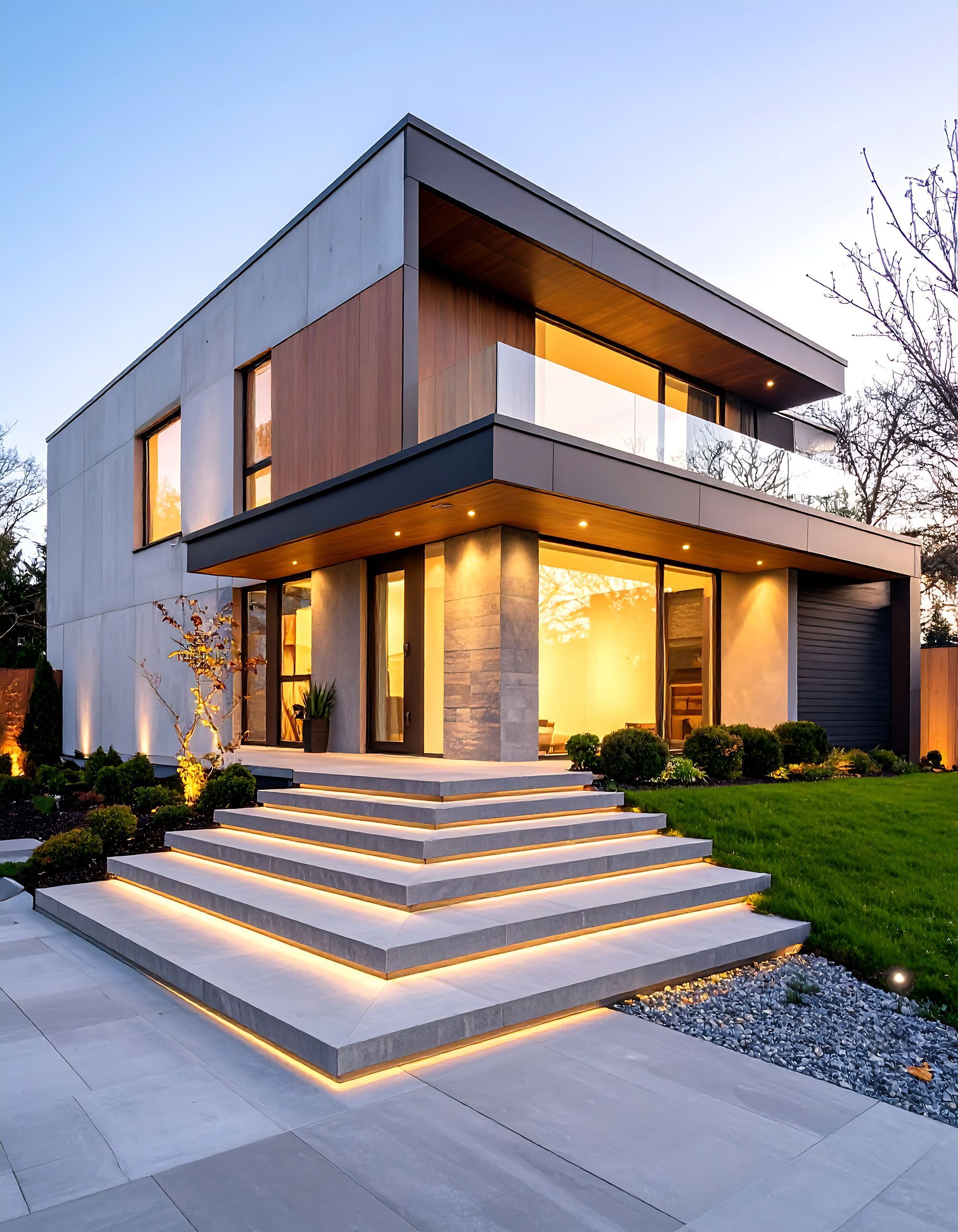 Maison moderne à deux étages avec marches éclairées, éléments en bois, balcon avec garde-corps en verre et intérieur bien éclairé au crépuscule.