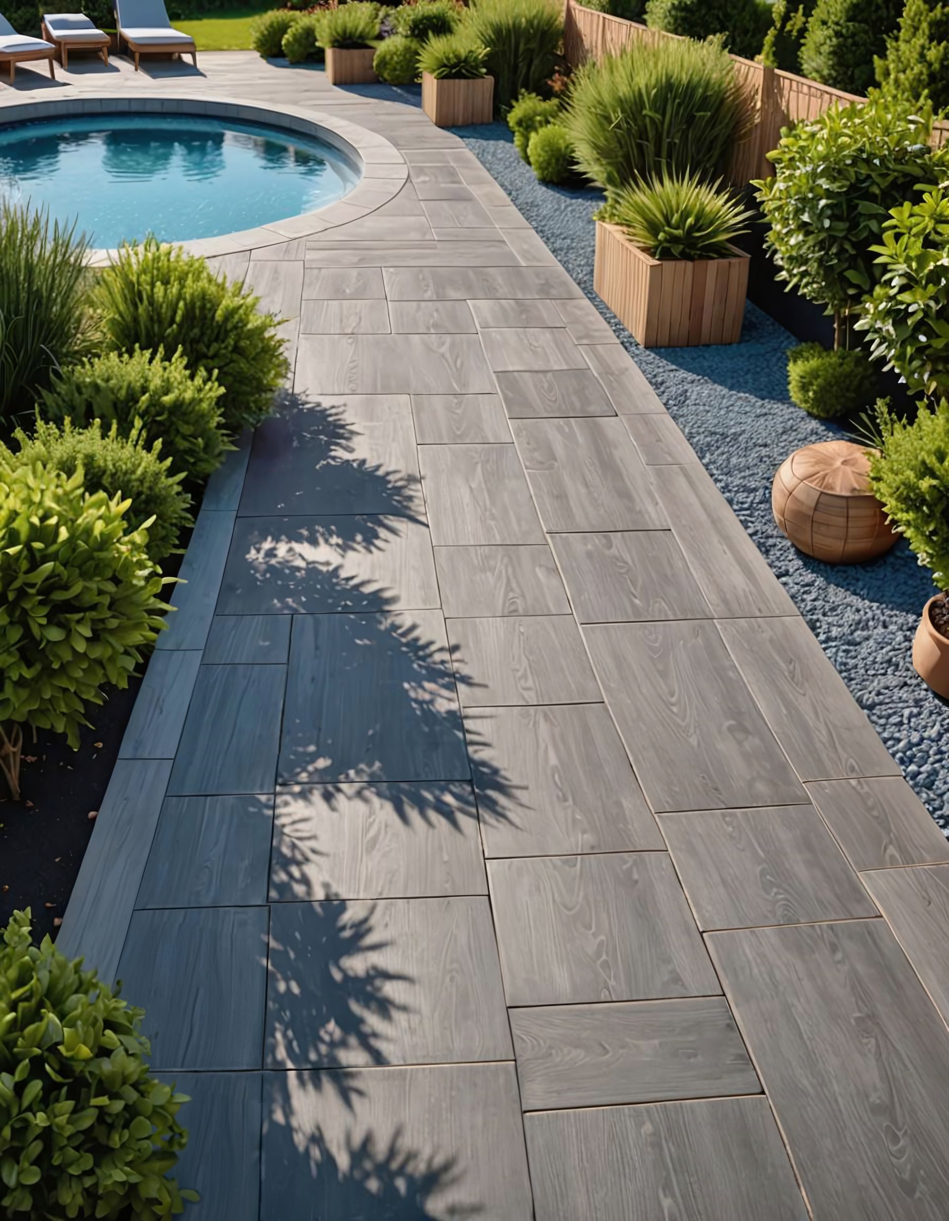 Allée en pavés gris longeant une piscine et un jardin avec arbustes et jardinières en bois.