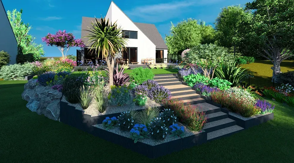 Une maison moderne avec des parterres de jardin en terrasse remplis de fleurs et de plantes colorées.