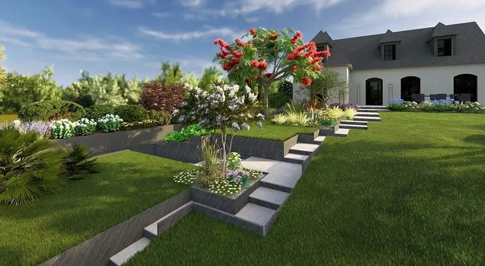 Une cour arrière paysagée avec des marches, des arbres et une maison sous un ciel bleu.