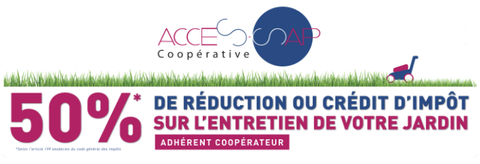 Logo Ace Services with pink banner: “50% de réduction ou crédit d’impôt sur l’entretien de votre jardin”