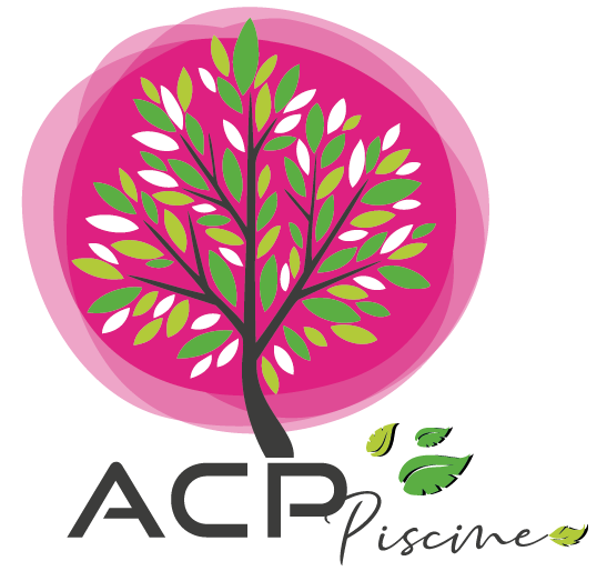 Logo ACP Piscine avec un arbre rose stylisé et des feuilles vertes au-dessus du texte