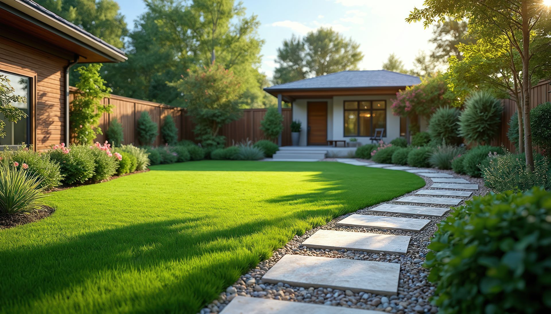 Jardin arrière ensoleillé avec un chemin de pierre, une pelouse verte, des arbustes et une maison de patio en arrière-plan