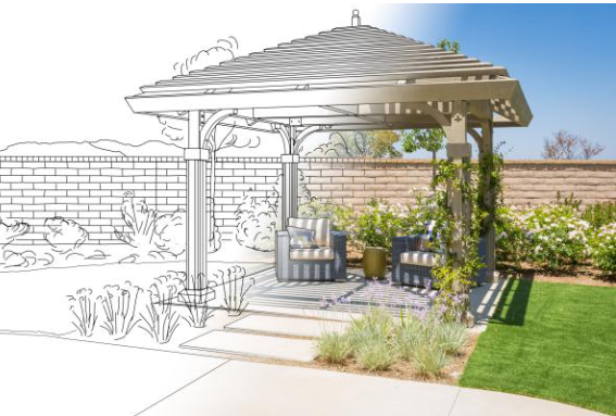 Patio couvert d'une pergola avec sièges, plantes en pot, mur de briques et pelouse dans un cadre de jardin