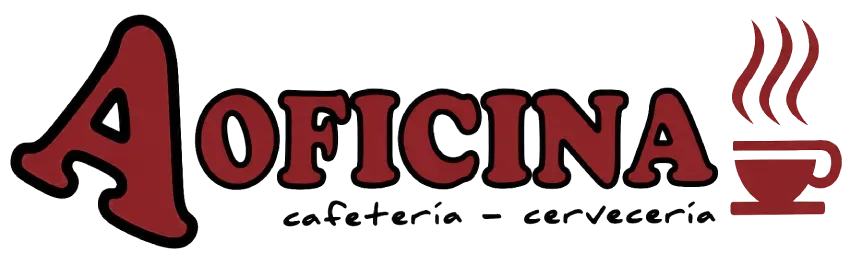 Logotipo para la cafeter&iacute;a &ldquo;La Oficina&rdquo;, con texto rojo oscuro y un icono de una taza de caf&eacute; humeante sobre un fondo blanco.