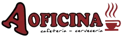 Logotipo para la cafeter&iacute;a &ldquo;La Oficina&rdquo;, con texto rojo oscuro y un icono de una taza de caf&eacute; humeante sobre un fondo blanco.