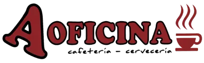 Logotipo para la cafeter&iacute;a &ldquo;La Oficina&rdquo;, con texto rojo oscuro y un icono de una taza de caf&eacute; humeante sobre un fondo blanco.