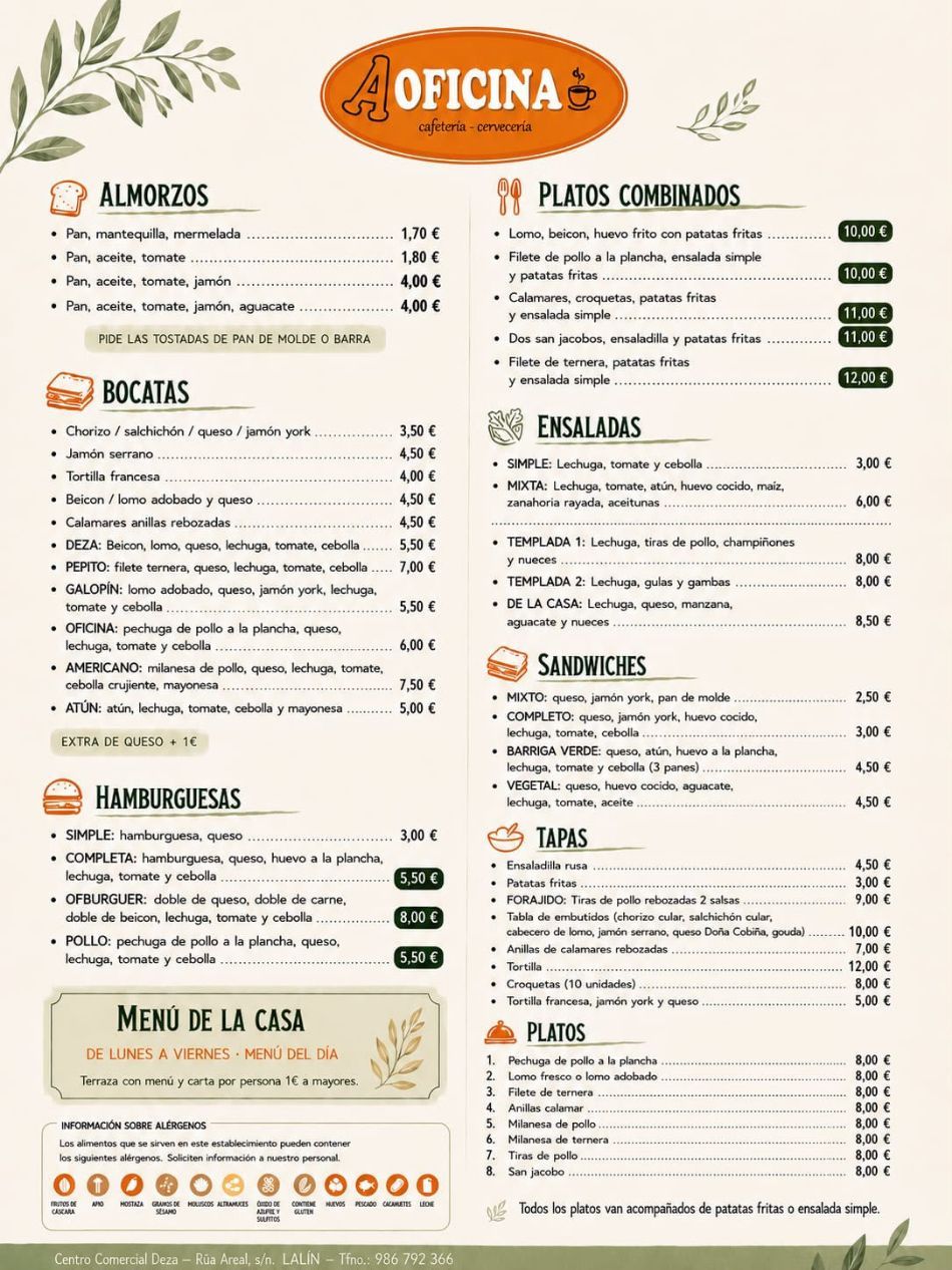 Menú de restaurante español con el logotipo naranja de “Oficina”, fondo beige y secciones de comida y bebida con precios.