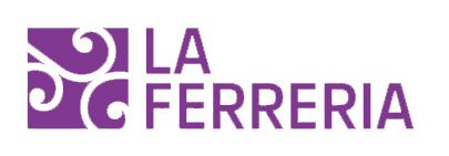 Logotipo morado de La Ferrería con icono circular estilizado y texto sobre fondo blanco.
