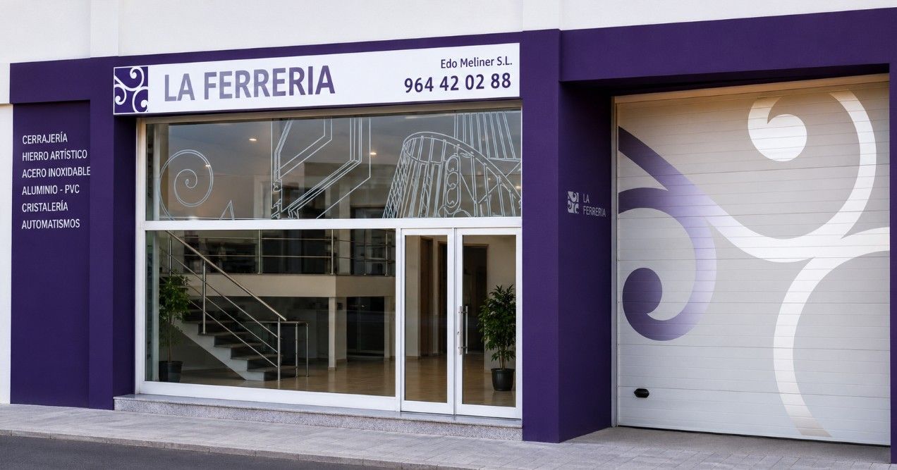 Fachada morada con entrada de cristal y puerta de garaje blanca con la inscripción “LA FERRERIA”.