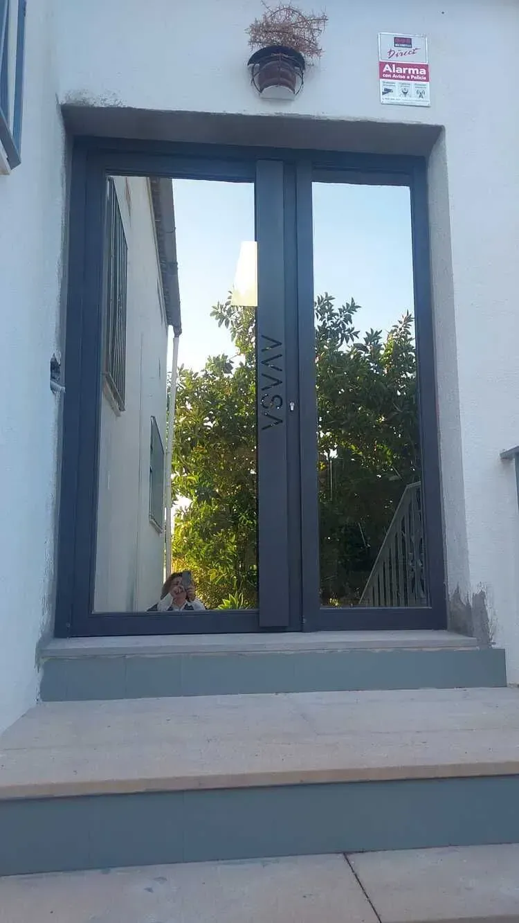 Puertas dobles de cristal con marco gris oscuro en la entrada de un edificio blanco, con escalones y árboles reflejados en el cristal.