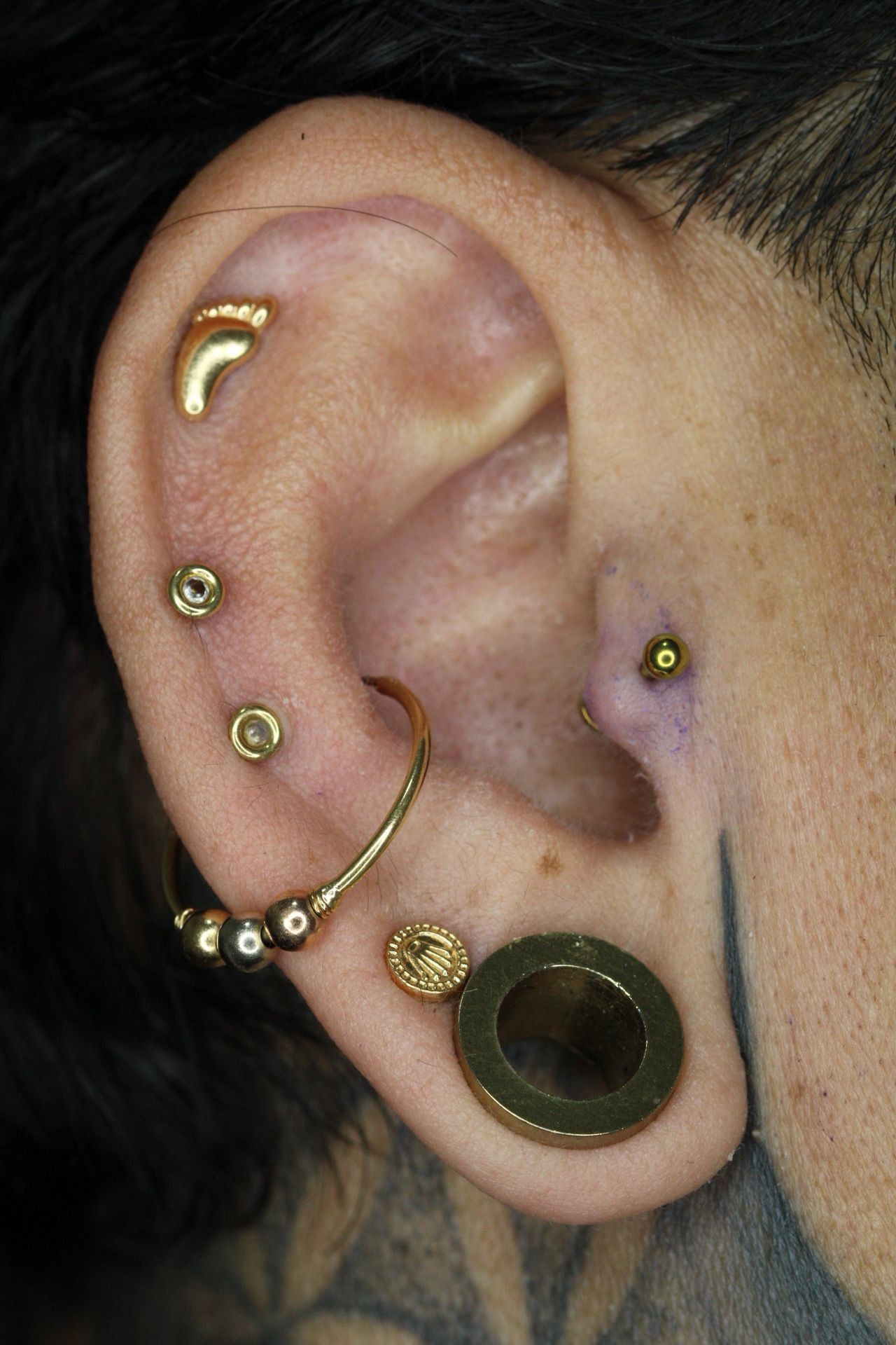 Primer plano de una oreja con múltiples perforaciones de oro y un pendiente de gran calibre.