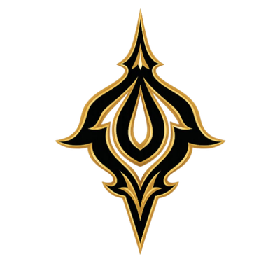 Emblema simétrico ornamentado en negro y dorado sobre fondo blanco.