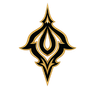 Emblema simétrico ornamentado en negro y dorado sobre fondo blanco.