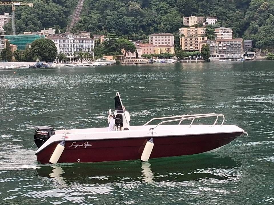 Motoscafo bordeaux e bianco su acque calme con una costa boscosa e degli edifici sullo sfondo.