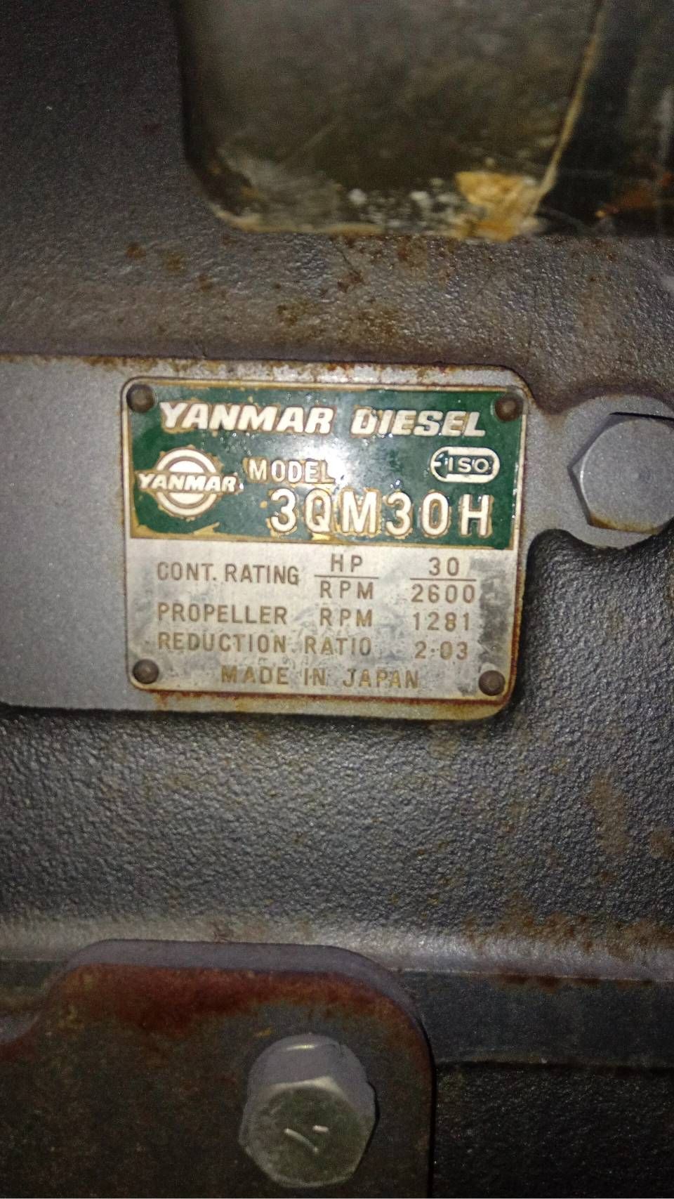 Primo piano di una targhetta metallica di un'apparecchiatura diesel Yanmar con modello e specifiche su una superficie scura della macchina.