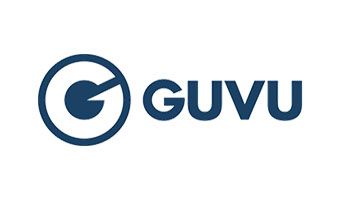 Ein blaues Logo mit dem Wort „Guvu“ in einem Kreis auf weißem Hintergrund.