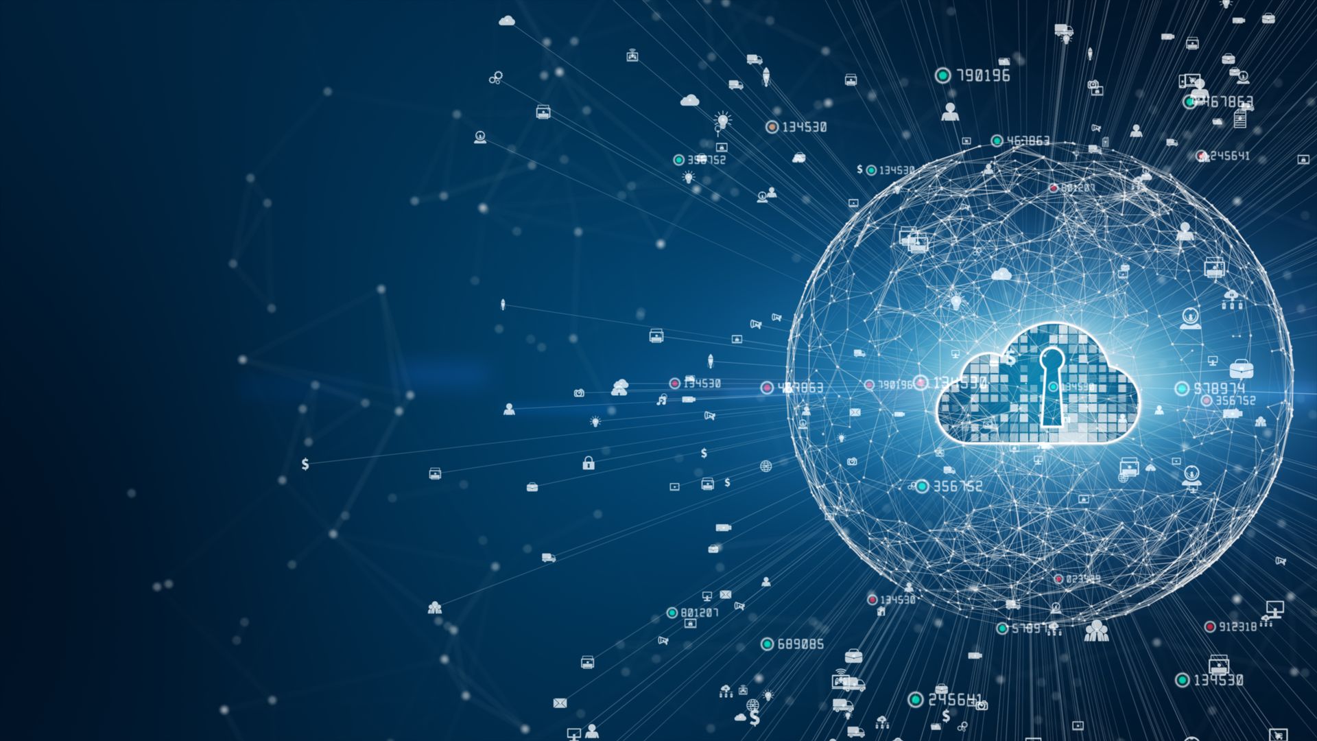 Une icône de nuage numérique stylisée se trouve à l'intérieur d'un réseau circulaire lumineux de lignes interconnectées et de symboles de données sur fond bleu.