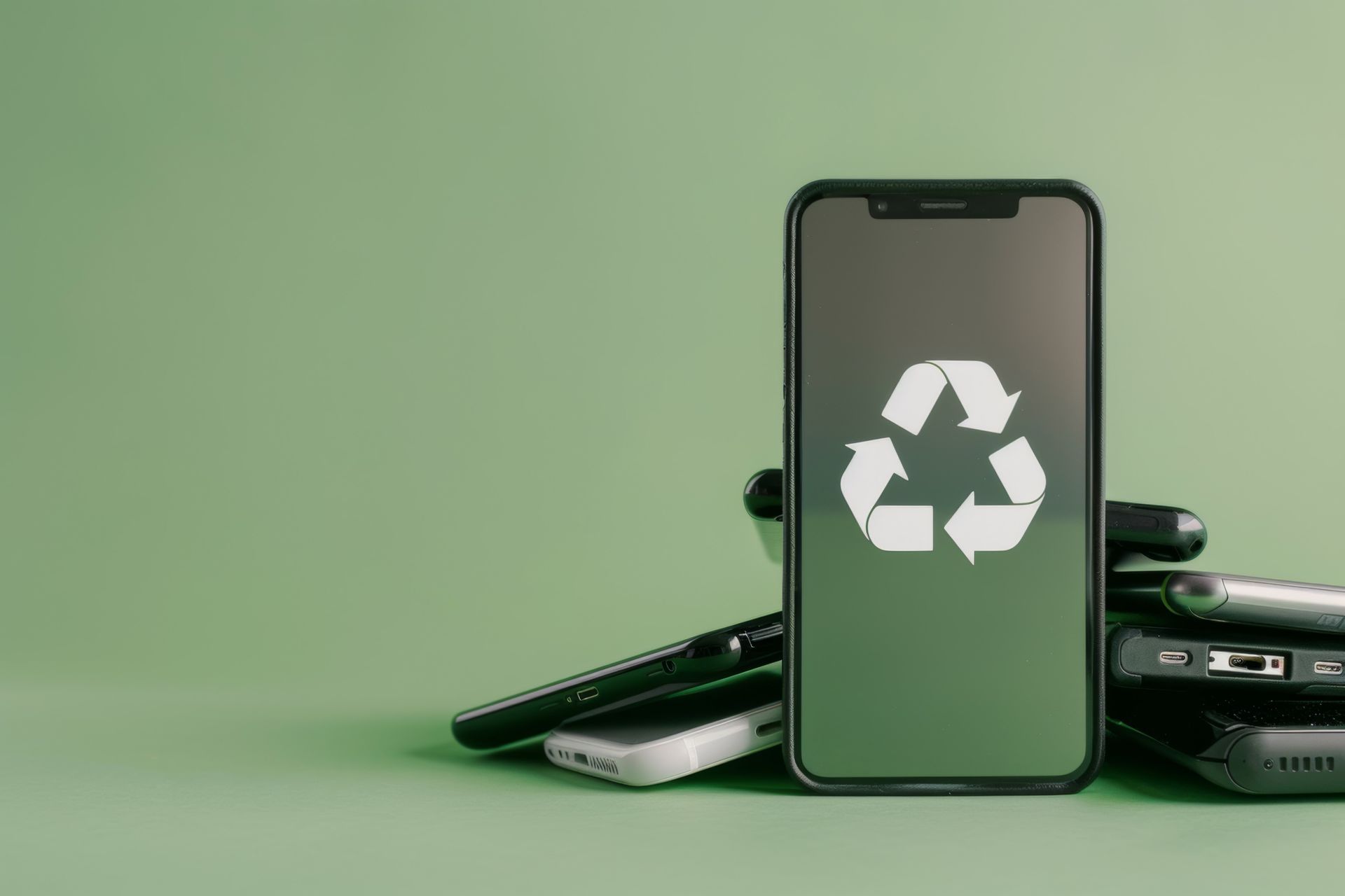 Une pile de vieux smartphones sur fond vert, avec un symbole de recyclage blanc affiché au centre de l'écran.