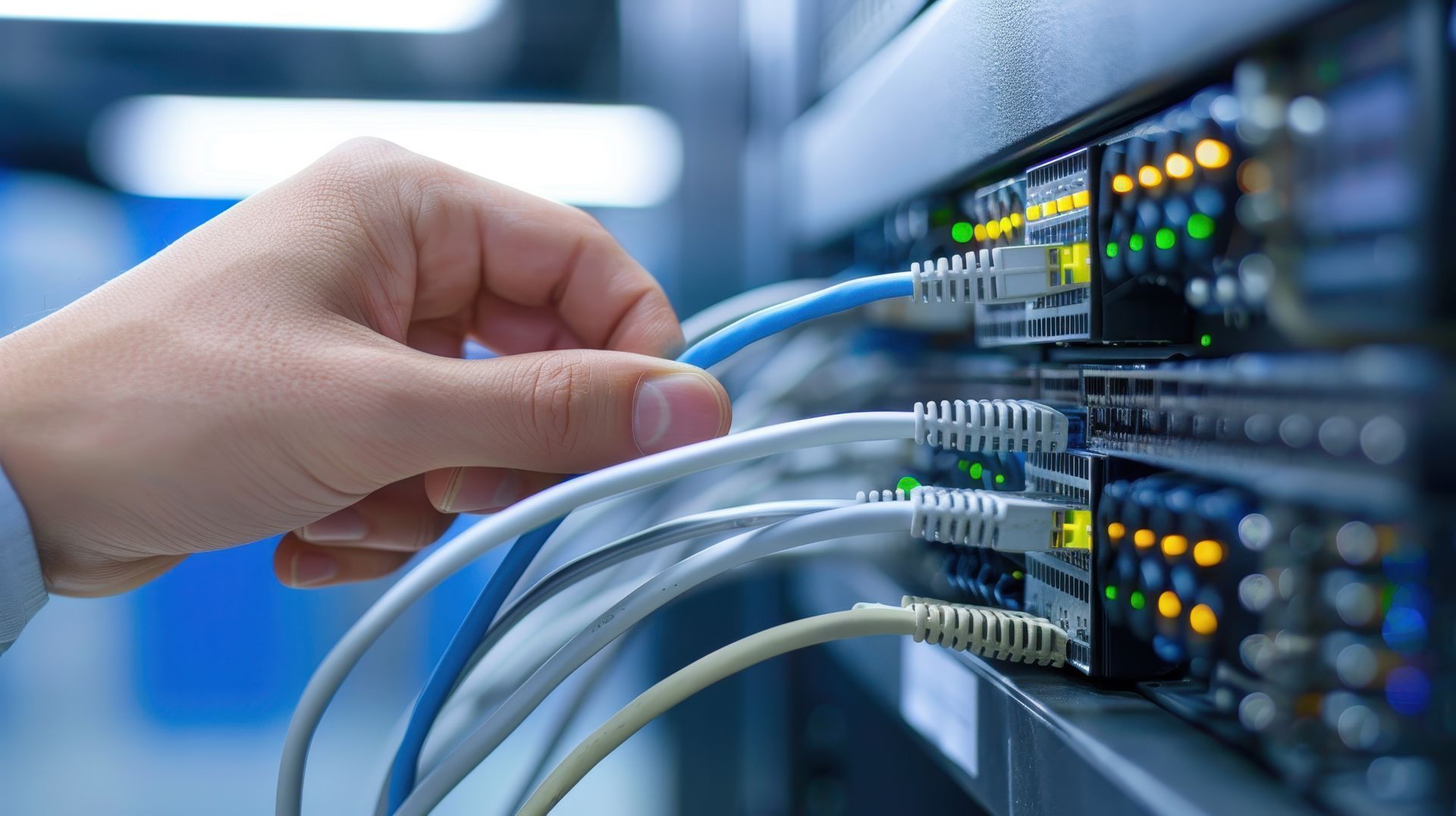 Une personne connecte un câble Ethernet bleu à un commutateur réseau dans une baie de serveurs comportant plusieurs voyants d'état clignotants.