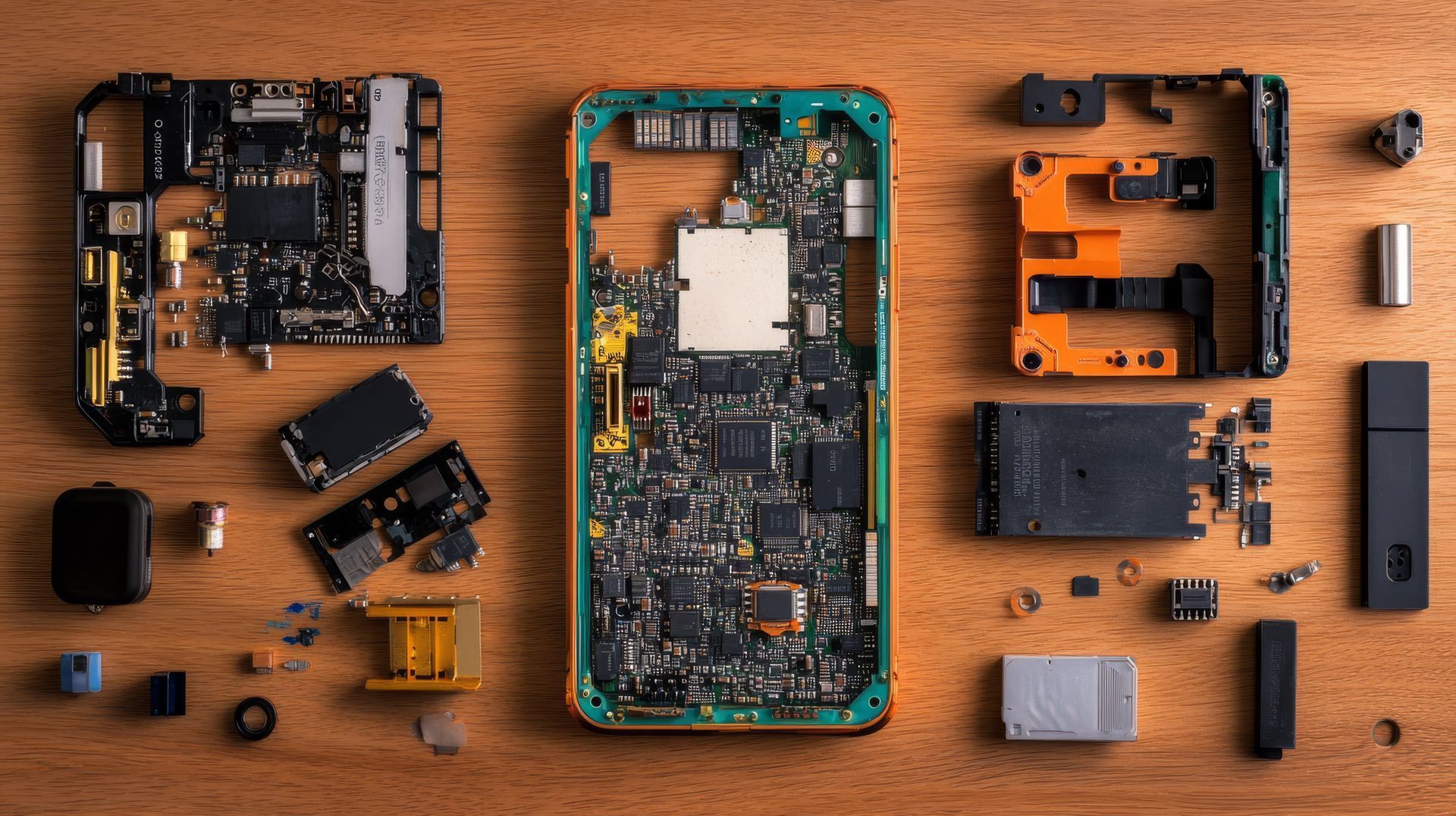 Un smartphone démonté, dont les cartes de circuits imprimés, le châssis et les composants internes sont disposés sur une surface en bois.