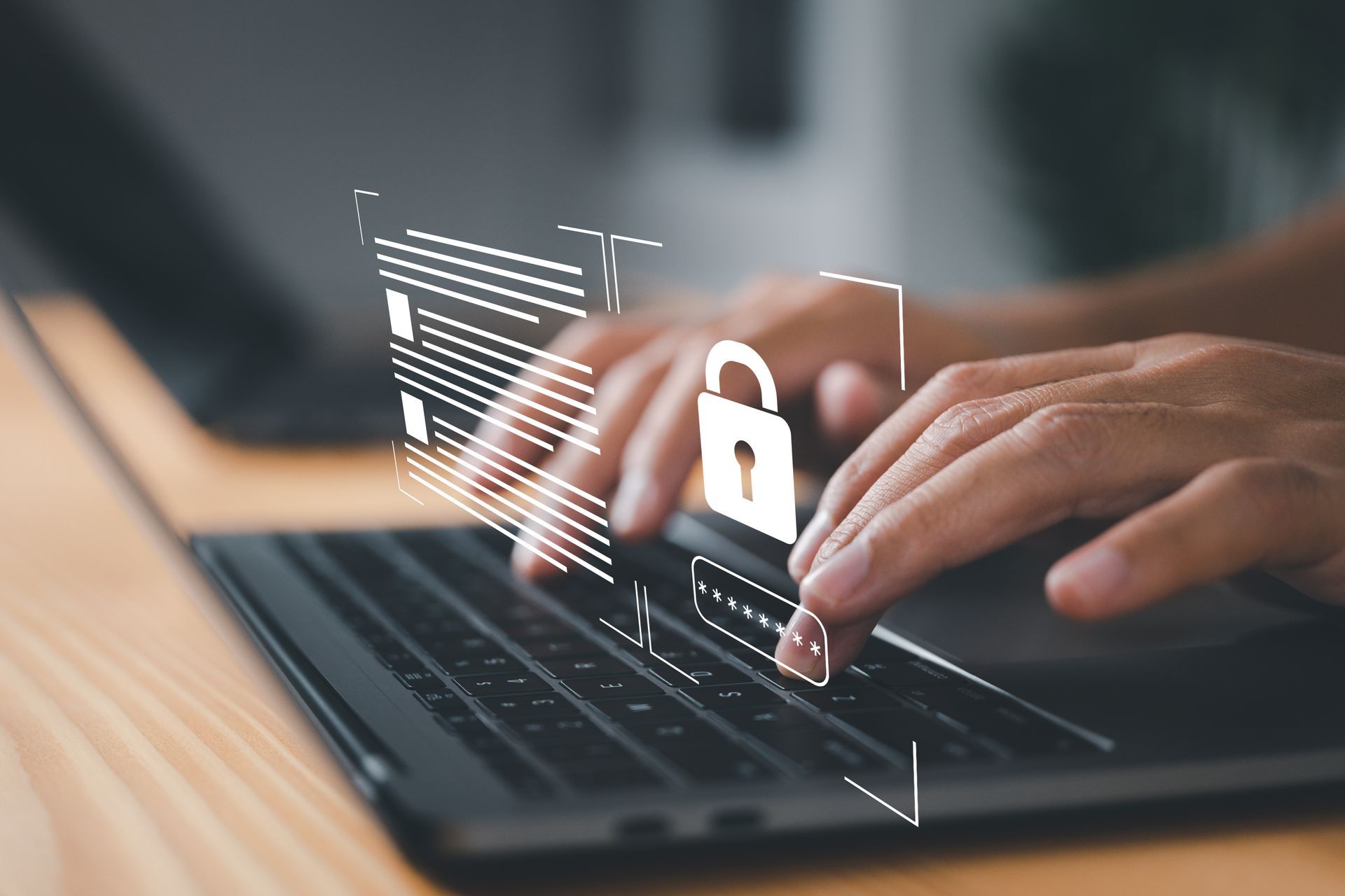 Gros plan sur des mains tapant sur un ordinateur portable avec une superposition numérique affichant un document et une icône de cadenas, symbolisant la sécurité des données.