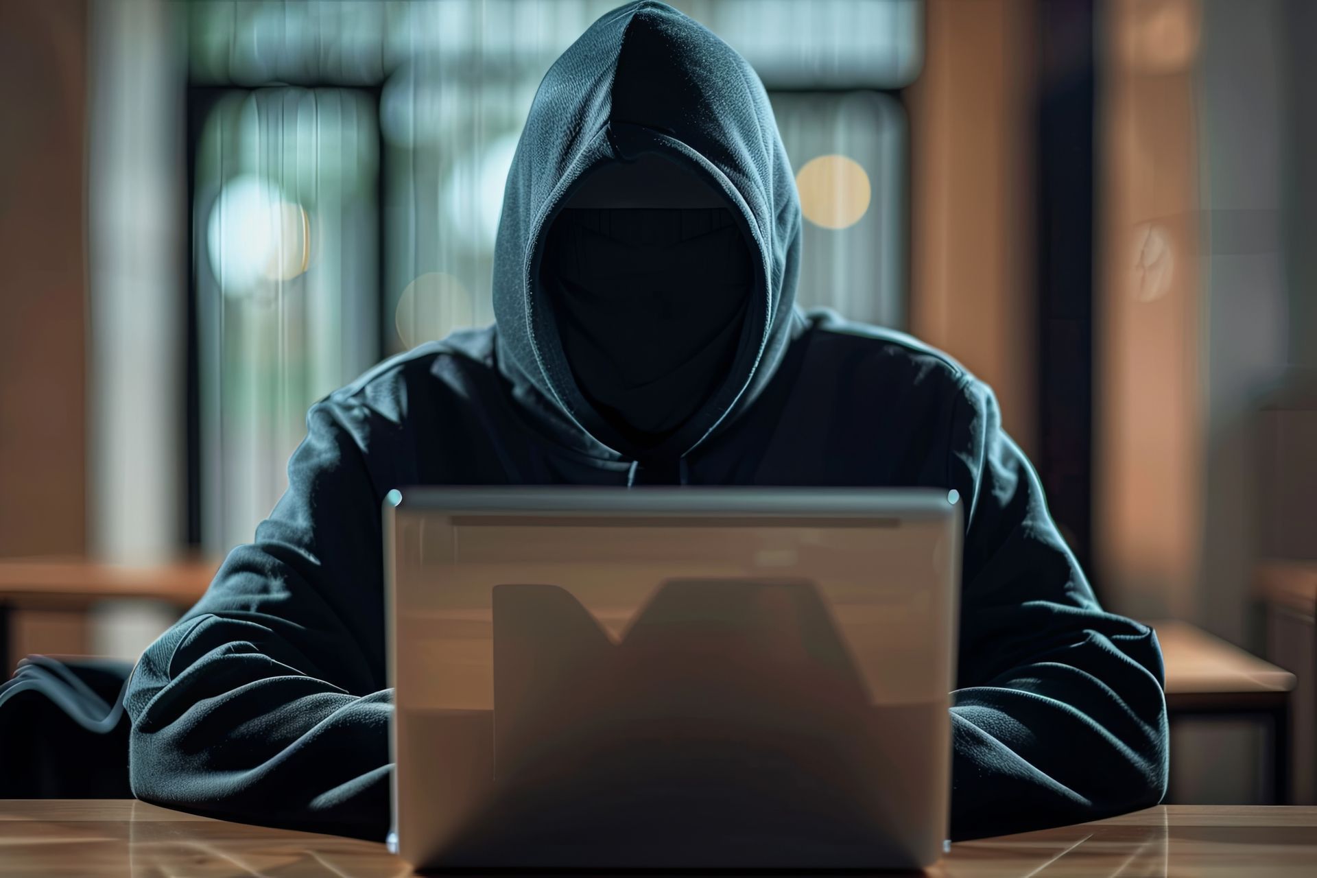 Une personne portant un sweat-shirt à capuche foncé dissimulant son visage, assise à un bureau et travaillant sur un ordinateur portable.