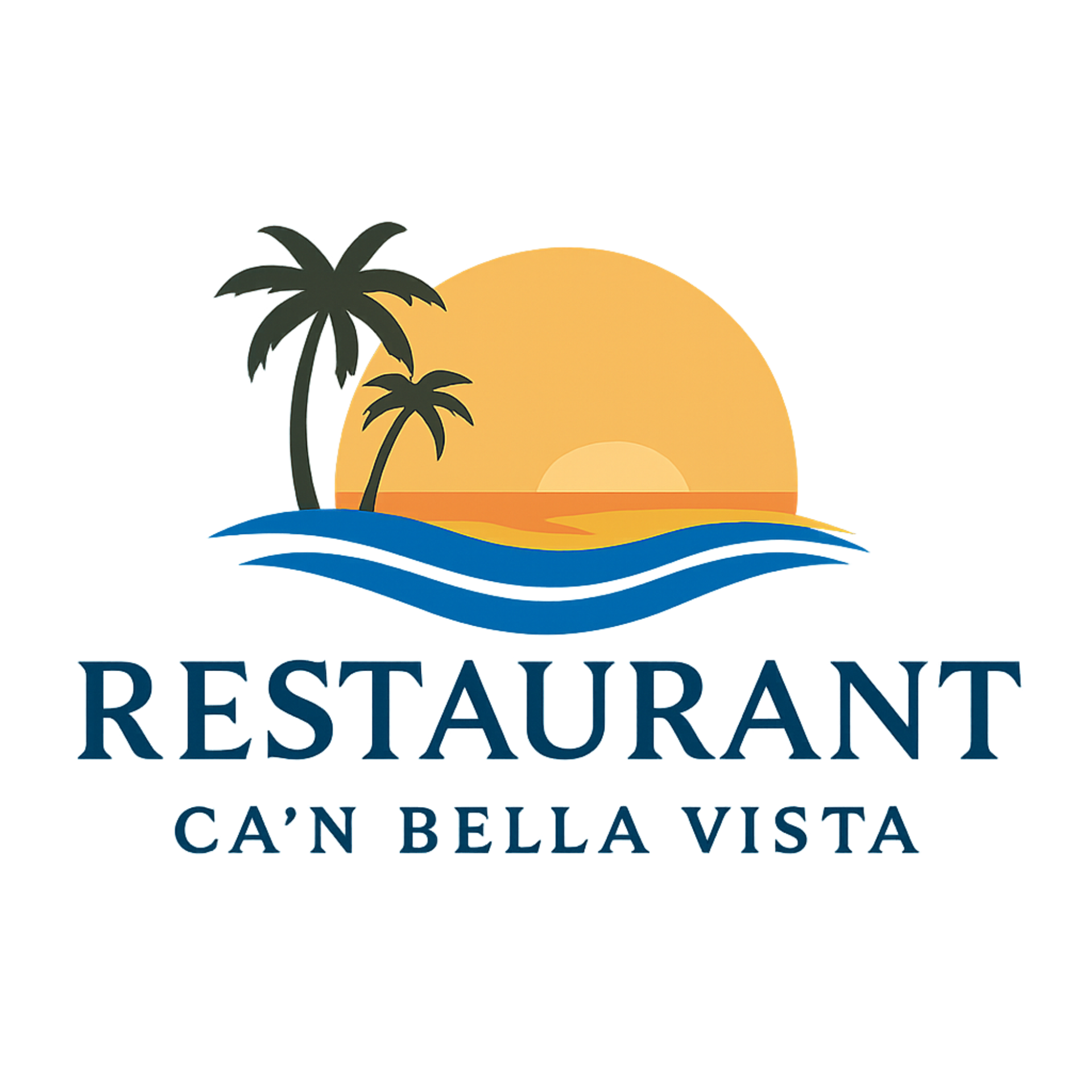 Logotipo del restaurante Can Bella Vista con palmeras, puesta de sol y olas azules.