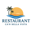 Logotipo del restaurante Can Bella Vista con palmeras, puesta de sol y olas azules.