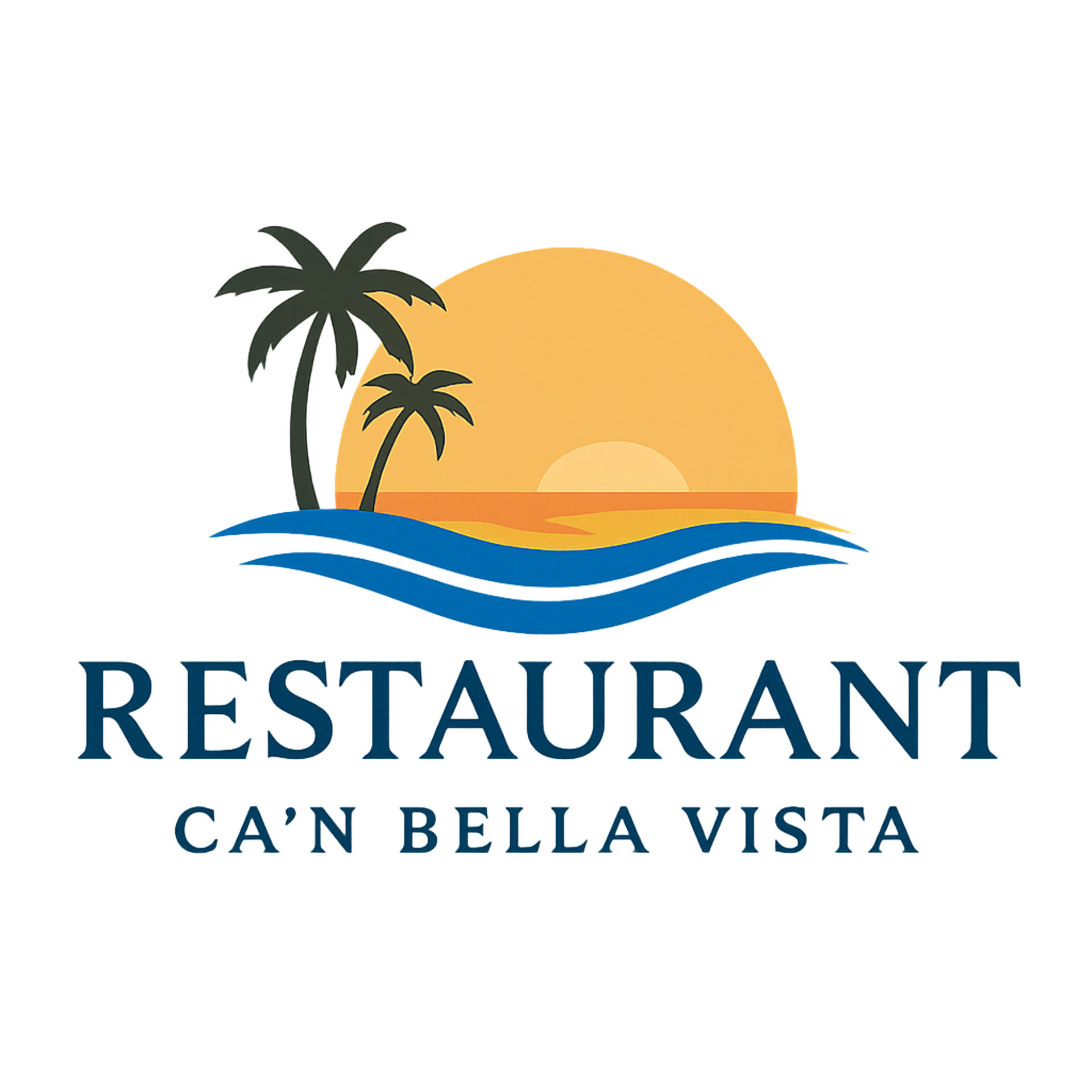 Logotipo del restaurante Can Bella Vista con palmeras, puesta de sol y olas azules.