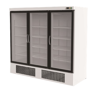 Un refrigerador blanco con tres puertas de cristal y estantes.