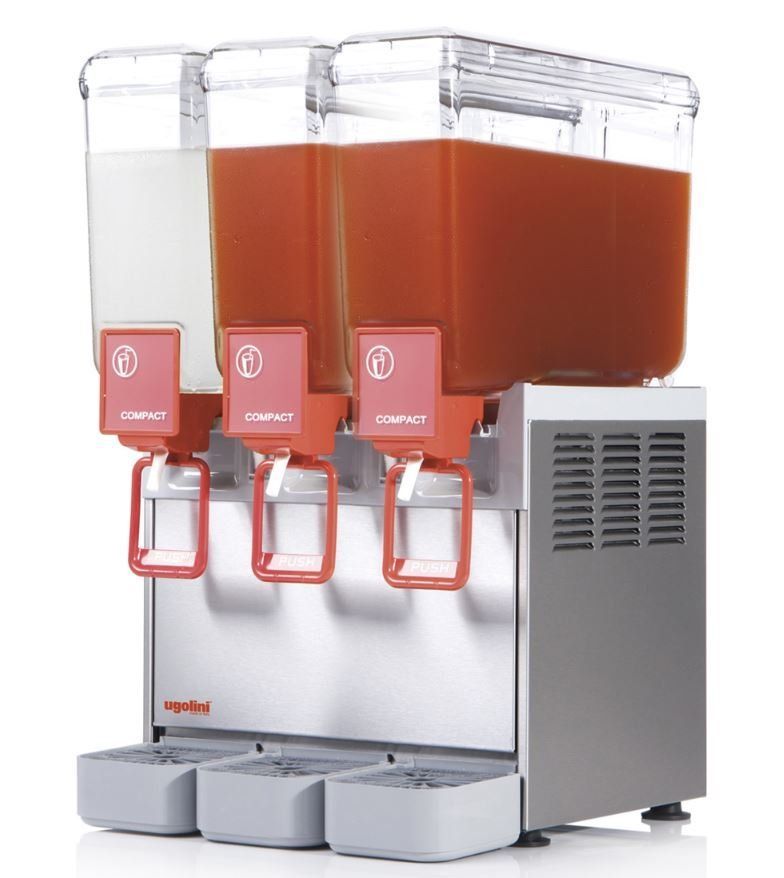 Un dispensador de bebidas con tres recipientes llenos de líquido.