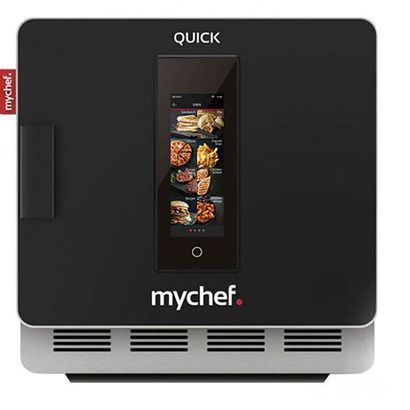 Un electrodoméstico MyChef negro con una pantalla.