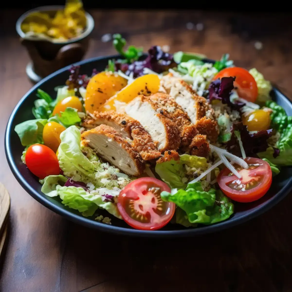 Ensalada con pollo empanizado en rodajas, tomates, rodajas de naranja y verduras en un recipiente negro.