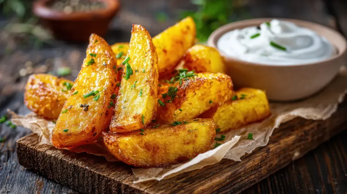 Gajos de papa dorados sobre una tabla de madera con un tazón de salsa blanca para mojar, adornados con hierbas.