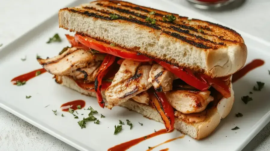 Sándwich de pollo a la parrilla con pimientos rojos en plato blanco.