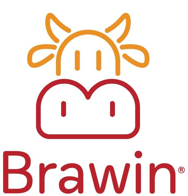 Logotipo de Brawin: contorno de cabeza de vaca en rojo y naranja, encima del nombre de la marca "Brawin" en rojo.