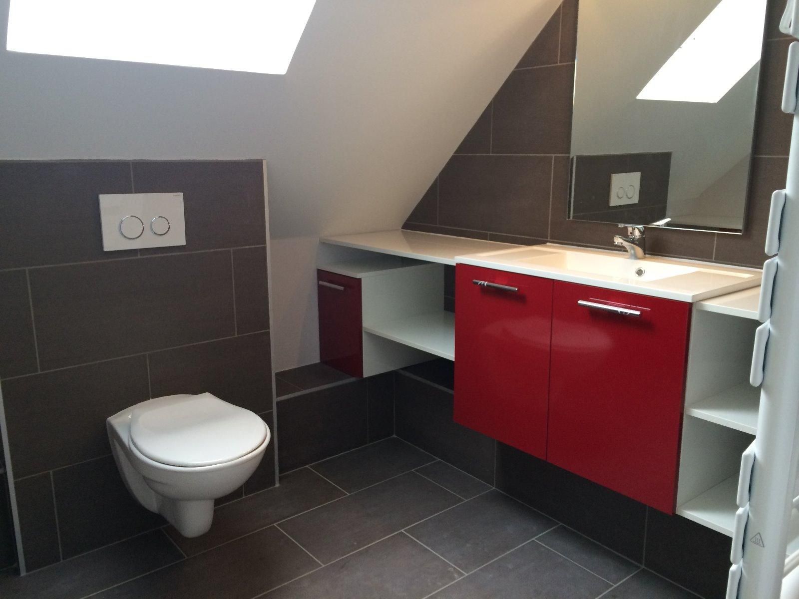 Salle de bains avec sanitaires, carrelage noir et mobilier rouge.